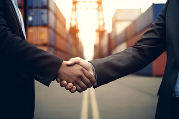 Export and import business. Businessmen handshake at industrial container terminal. Maritime transport and logistics concept. Generative AI