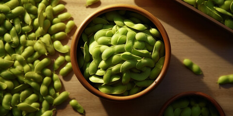 Edamame organic vegetable for cooking copy space blurred background, generative AI