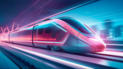 Fototapeta premium Electric speed train at fast ride with motion blurred city background. Postproducted generative AI illustration.