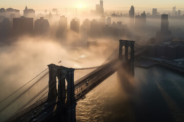 Brooklyn Bridge in New York City at sunset. AI - obrazy, fototapety, plakaty