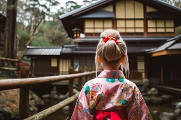 Fototapeta premium Little cute girl japanese kimono. Generate Ai