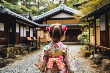 Little girl japanese kimono at house. Generate Ai