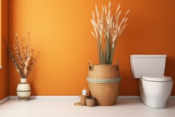Bathroom wit plants orange wall. Generate Ai