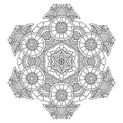 Floral filigree mandala for coloring book, circle mehndi ornament, psychedelic illustration, black line art on white background
