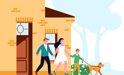 Joyful young family come out of house. Parents and kid walk with dog. People leave home for promenade. Puppy owners stroll. Mom and dad together with child. Door porch. Vector concept