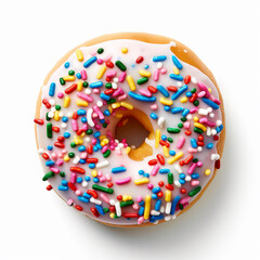 Delicious donut with colorful sprinkles seen from the top on white background. - 612016389