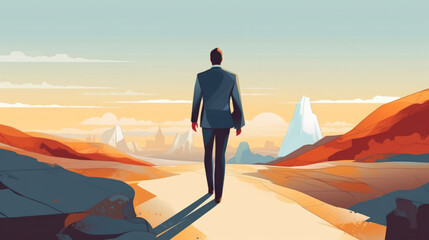 Illustration of starting a new journey with a man from rear / back view walking a long path in the middle of nowhere to fulfill goals & dreams. With Licensed Generative AI Technology Assistance.