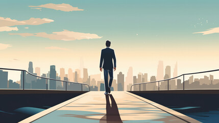 Fototapeta na wymiar Illustration of starting a new journey with a man from rear / back view walking a long path towards the city to fulfill goals & dreams. With Licensed Generative AI Technology Assistance.