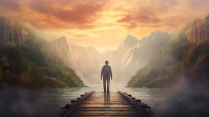Illustration of starting a new journey with a man from rear / back view walking a long path towards the lake to fulfill goals & dreams. With Licensed Generative AI Technology Assistance.