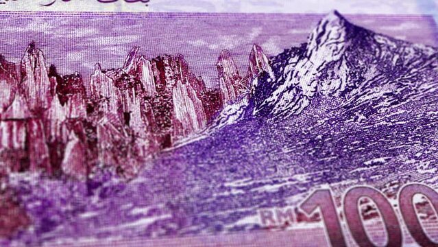 Malaysia Malaysian Ringgit 100 Banknotes, One Hundred Malaysian Ringgit, Close-up and macro view of the Malaysian Ringgit, Tracking and Dolly Shots 100 Malaysian Ringgit banknote Observe and Reserve