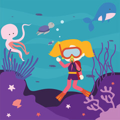 Obraz na płótnie Canvas Underwater life background illustration with cute diver character