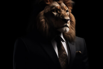 Lion in Business Suit on black background, AI