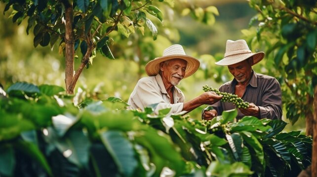 An image shows joyful farmers gathering Arabica coffee beans from a coffee tree. GENERATE AI