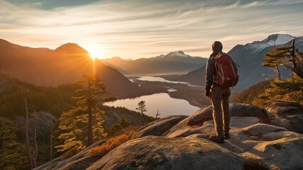 Fototapeta premium Photographer of travel and adventure capturing images of a spring sunset while hiking in the mountains. GENERATE AI