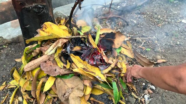 burning garbage dried autumn leaves