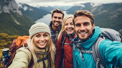 Four hikers with backpacks take a selfie while walking across the mountains. GENERATE AI