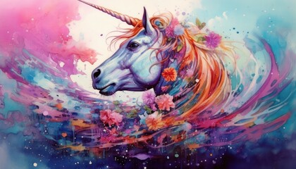 Obraz na płótnie Canvas art unicorn in space . dreamlike background with unicorn . Hand Drawn Style illustration 