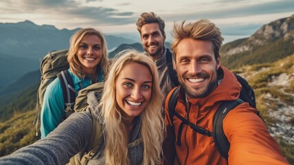 Four hikers with backpacks take a selfie while walking across the mountains. GENERATE AI - obrazy, fototapety, plakaty