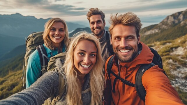 Four hikers with backpacks take a selfie while walking across the mountains. GENERATE AI