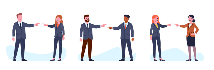 Fototapeta premium Men and women blaming each other, looking for someone to blame. Business people conflict. Colleagues pointing fingers to culprit. Managers quarrel. Vector arguing office workers set