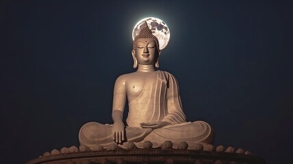 The largest and oldest Buddha statue is located in an ancient temple in Ayutthaya, Thailand, with a large full moon rising over a gloomy night. GENERATE AI