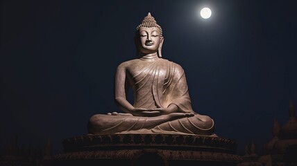 The largest and oldest Buddha statue is located in an ancient temple in Ayutthaya, Thailand, with a large full moon rising over a gloomy night. GENERATE AI