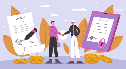 People sign contract. Two sides cooperation. Partners signing important documents. Business persons shake hands. Certified agreement. Deal conclusion. Approval signature. Vector concept