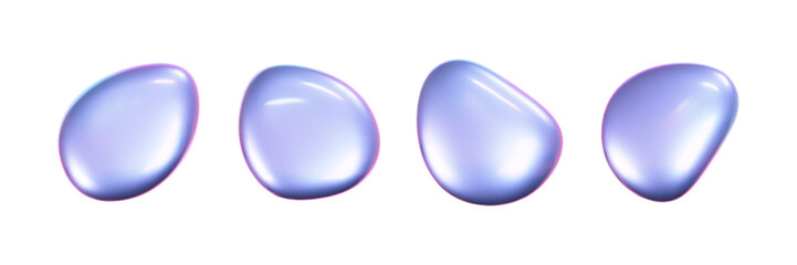 3d holographic liquid shape, iridescent chrome fluid bubble set isolated on white background. Render of abstract holographic metal blob with rainbow gradient effect. 3d vector geometric illustration