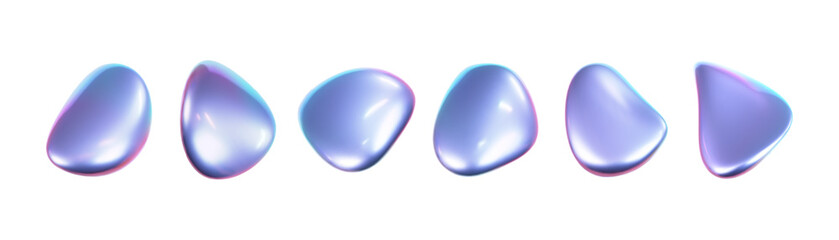 3d holographic liquid shape, iridescent chrome fluid bubble set isolated on white background. Render of abstract holographic metal blob with rainbow gradient effect. 3d vector geometric illustration
