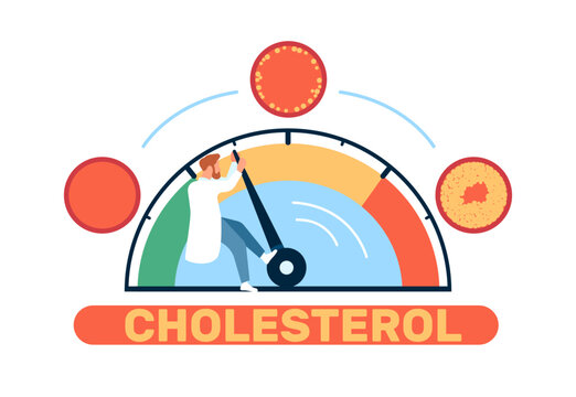 Physicians care for lowering cholesterol level in body. Doctor pushing speedometer arrow. Measuring instrument. Blood arterial vessel with fat. Medical test measurement. Vector concept