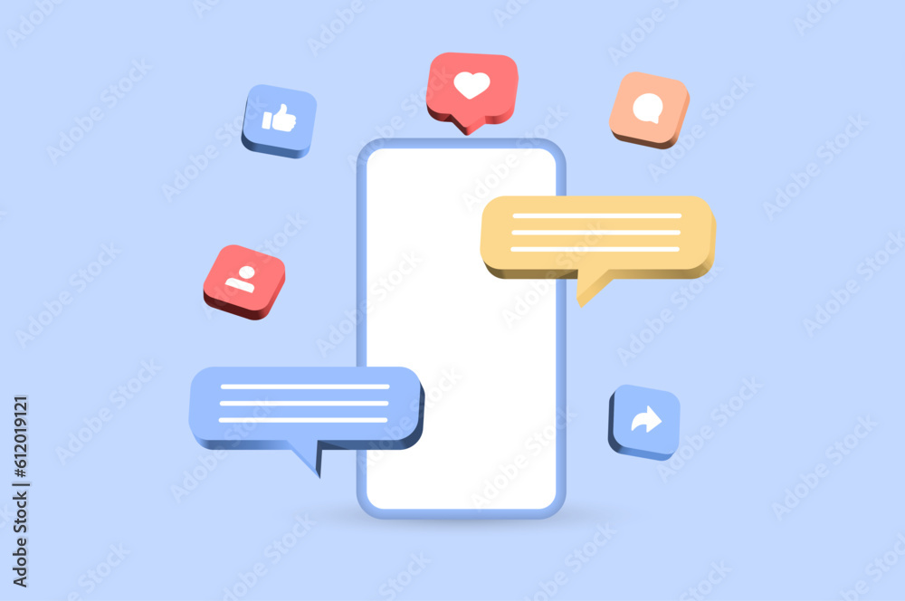 Poster mobile phone with message chat and heart in 3d speech bubble icon. social media background, notifica