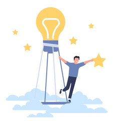 Fototapeta na wymiar Purpose and dreams. Man in balloon idea reaches star. Goals achievement. Lightbulb and clouds. Businessman success. Inspiration and solution. Successful guy flying in sky. Vector concept