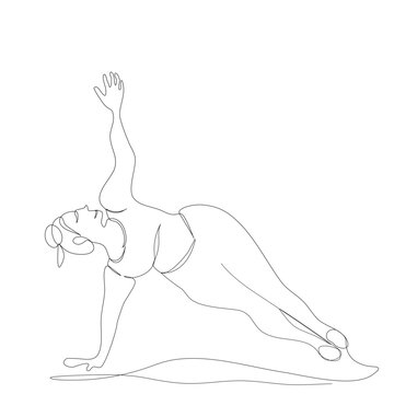 Fat Female yoga poses for flexibility one continue line art drawing for yoga day, fitness, sport, workout, health.Woman Isolated image hand draw contour.Line art of girl doing Yoga in one hand stand