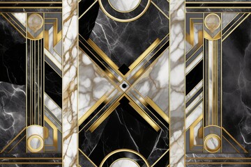 abstract art deco pattern. Geometric background with marble mosaic inlay. Mixed wall tiles with artificial stone textures and shiny metallic foil. Modern black white gold decorative, Generative AI