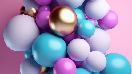 Fototapeta na wymiar 3d animation 4K. Abstract background with colorful balls stuck together. Festive pink blue gold balloons, Generative AI