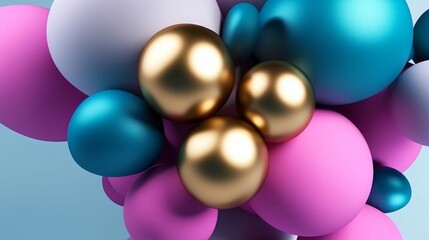 3d animation 4K. Abstract background with colorful balls stuck together. Festive pink blue gold balloons, Generative AI