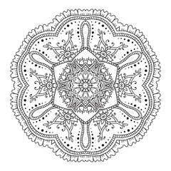 Floral filigree mandala for coloring book, circle mehndi ornament, psychedelic illustration, black line art on white background