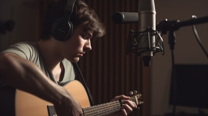 Indie Singer Male Caucasian Young Adult Writing and recording music for independent album release in Home studio. Generative AI AIG22.