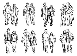 Walking people. Persons in casual clothes, romantic couples, crowd walks in city. Outline drawing for coloring