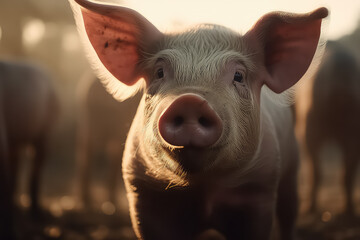 Fototapeta premium portrait of a pig in a pig farm in a neat and clean indoor livestock farm. AI