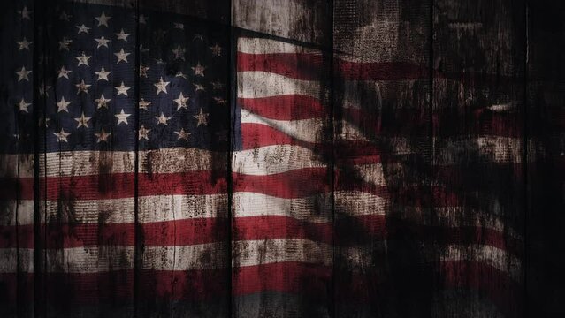 Loop Grunge US flag video waving in wind animation on wood abstract background. 3D United States Flag animation background. USA 4th of july US American Flag Flying and Waving footage. Grunge USA Ameri