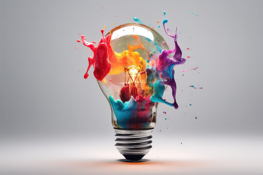 Creative colored light bulb explosion with shards and paint. cincept think different, AI