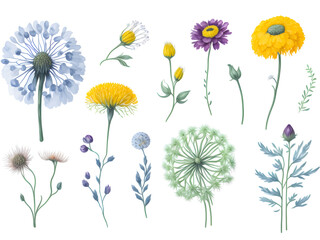 set of watercolor Taraxacum or dandelion flower elements on transparent backgound,generative ai