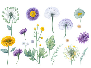 set of watercolor Taraxacum or dandelion flower elements on transparent backgound,generative ai