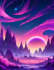 Naklejka premium Planet aliens with mountains and moon in pink and purple with clouds