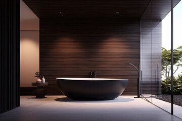 Luxury bathroom interior. Modern big black bathtub. Generative AI