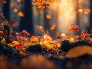 autumn forest with foliage and mushrooms. ai generative