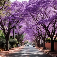 Street Lined with Vivid Purple Jacarandas -ai generated