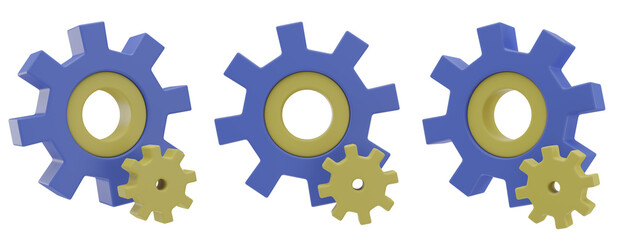 Set of 3d gears on transparent background, PNG set of gears, 3d render, blue and yellow orange