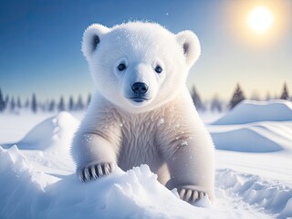 Cute baby polar bear in snow winter. ai generative